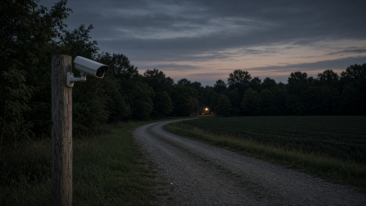 A security camera on a post beside a rural driveway