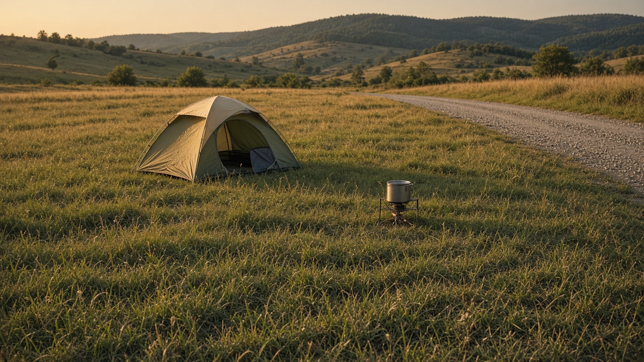 A tent and camp kit on an undeveloped parcel