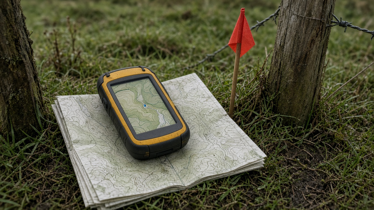 A handheld GPS resting on a paper parcel map