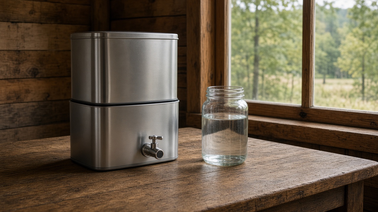 A gravity water filter on a cabin table