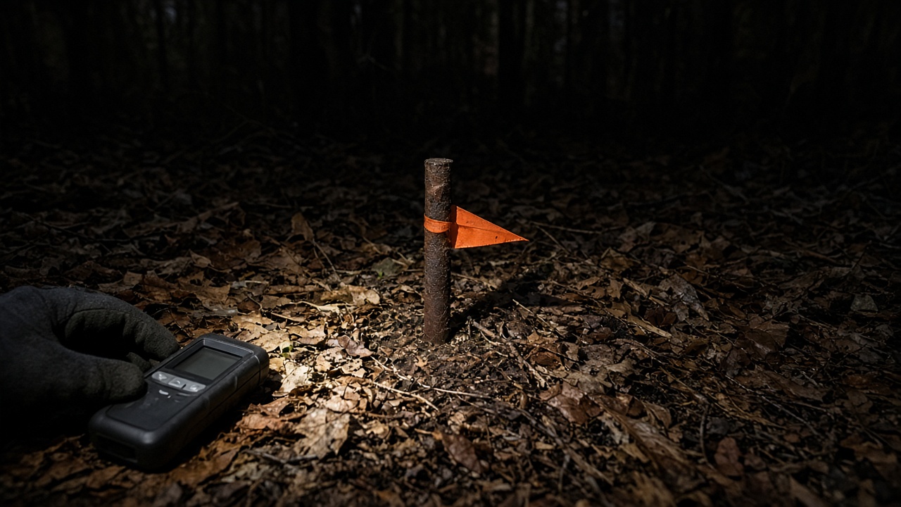 A flashlight beam and a laser measure beside a flagged pin