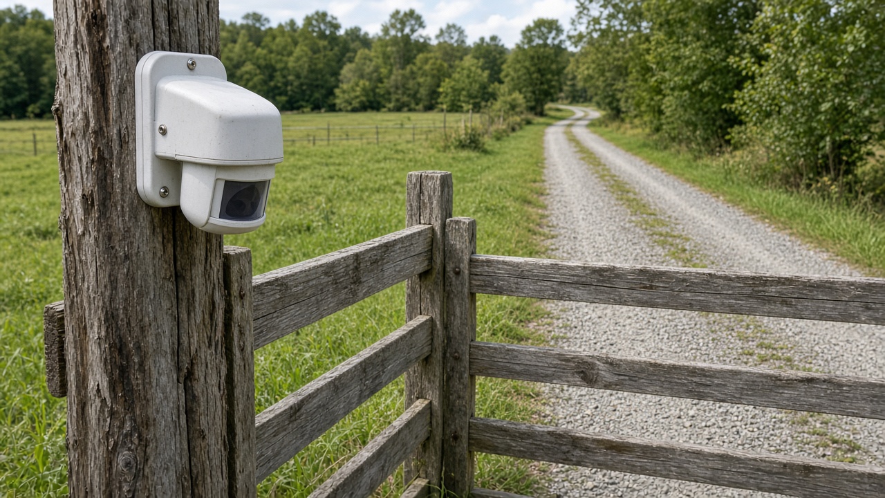 A motion sensor on a fence post beside a farm gate