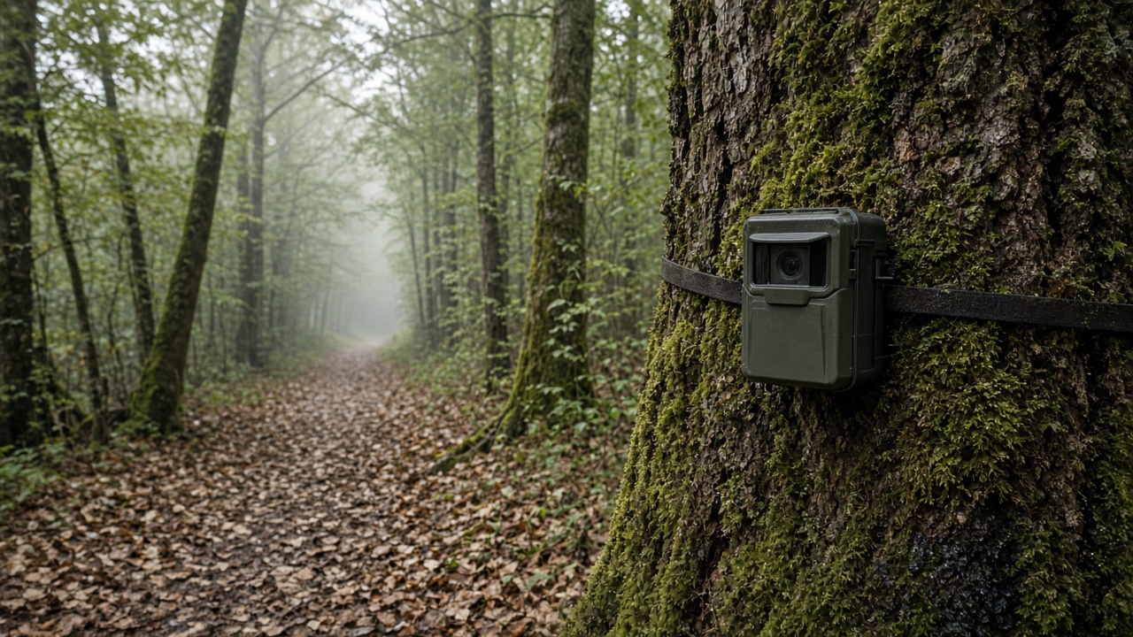 A trail camera on a tree facing into a wooded parcel